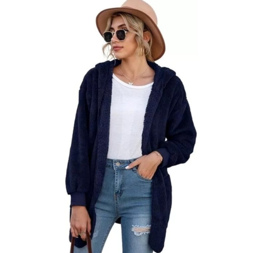Fleece Hooded Open Front Jacket Navy Size M